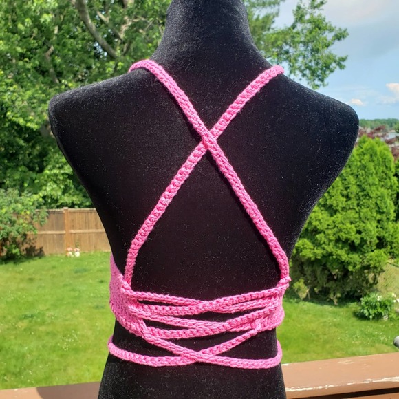 Crop Top BARBIECORE PINK Crochet Festival Cotton B CUP Adjustable Size - Picture 8 of 8